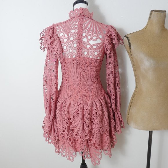 L'ATISTE Dusty Rose Pink Lace Eyelet Ruffle MockNeck Victorian French Boho Dress - Picture 13 of 16